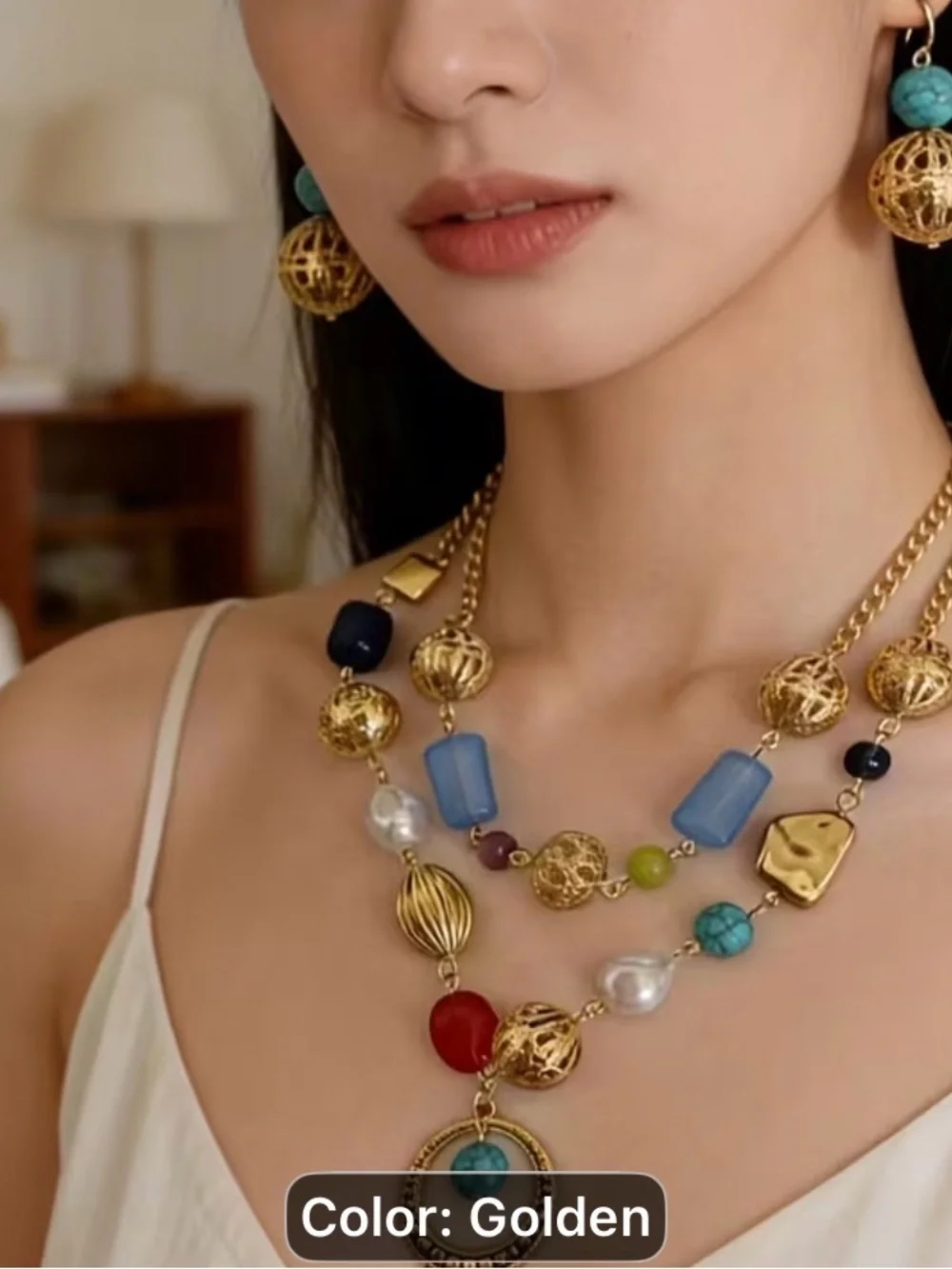 3pcs vintage Bohemian Multi-Color Beaded double layer Necklace Earring Set